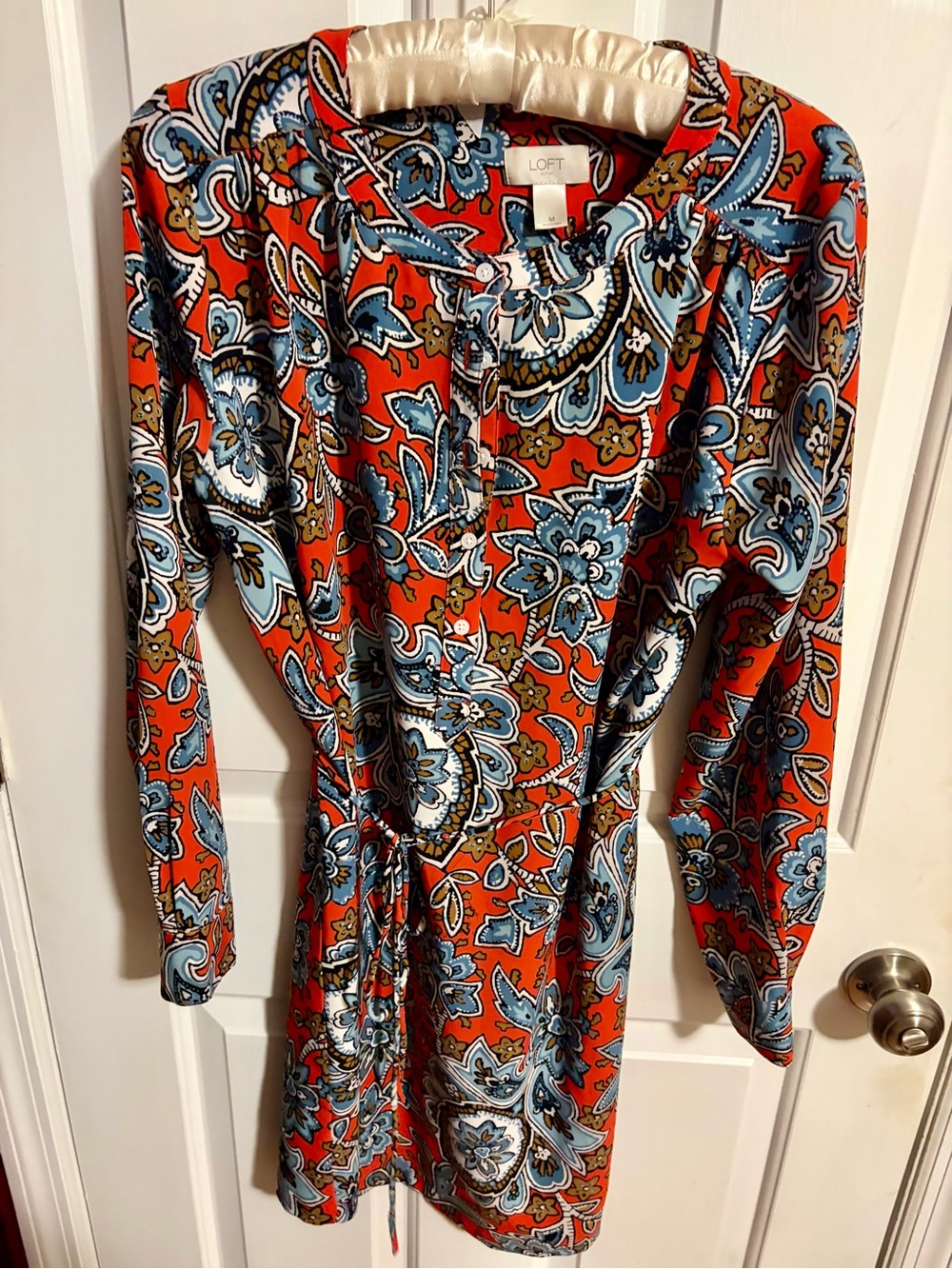 LOFT Rust Orange Paisley Long-Sleeve Tie-Waist Dress